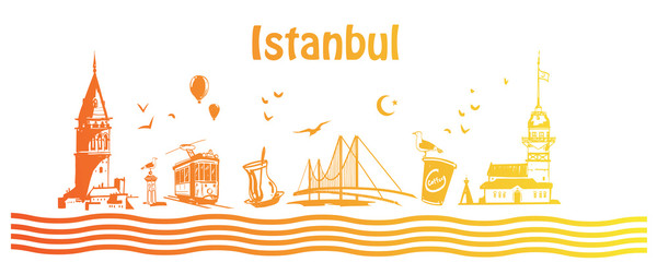 Hand drawn Istanbul horizontal vector illustration. Panoramic banner with famous Turkish symbols and object: Saint Sophia, Maiden's tower, galata tower, bosporus bridge