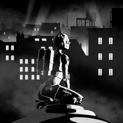 Fashion cyborg woman on background of night city. Retro futurism. 3d illustration