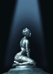 Fashion cyborg woman on black background. Retro futurism. 3d illustration