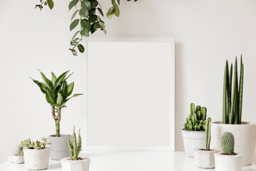 Scandinavian room interior with white mock up photo frame on the table with beautiful plants in differents cement  and design pots. White walls. Modern and floral concept of shelfs. Template.