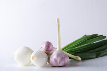 Spring harvest of onions and garlic.Fresh vegetable for salad