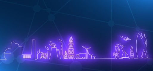 Industrial and tropical recreation relative silhouettes. Woman posing with surfboard,cruise ship, palm and lifeguard tower. Ecology linear design concept. 3D rendering, © JEGAS RA