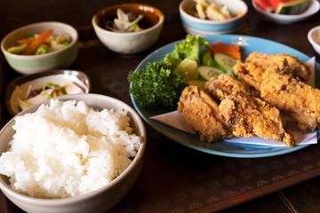 Fried chicken with Japanese style side dishes
