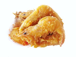 Soft focus of fried shrimp isolated on white background, Selective focus