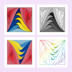 Illustration of a set of colored panels with a geometric pattern of four kinds for use by people in the design of icons or paper