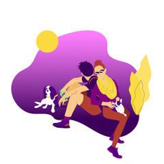 man and a woman are sitting and watching beautiful nature