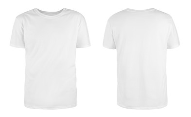 Men's white blank T-shirt template,from two sides, natural shape on invisible mannequin, for your...