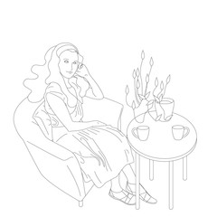 Beautiful hand drawn flat style girl with long hair is sitting in cafe with a small dog on her lap.