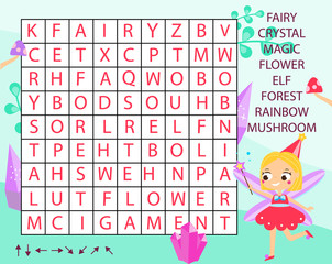 Educational game for children. Word search puzzle kids activity. Fairy theme. learning vocabulary for toddlers