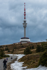 Restaurant, hotel, communication and lookout tower on hill "Praded" in Jeseniky mountains.North Moravia, Czech republic, Europe