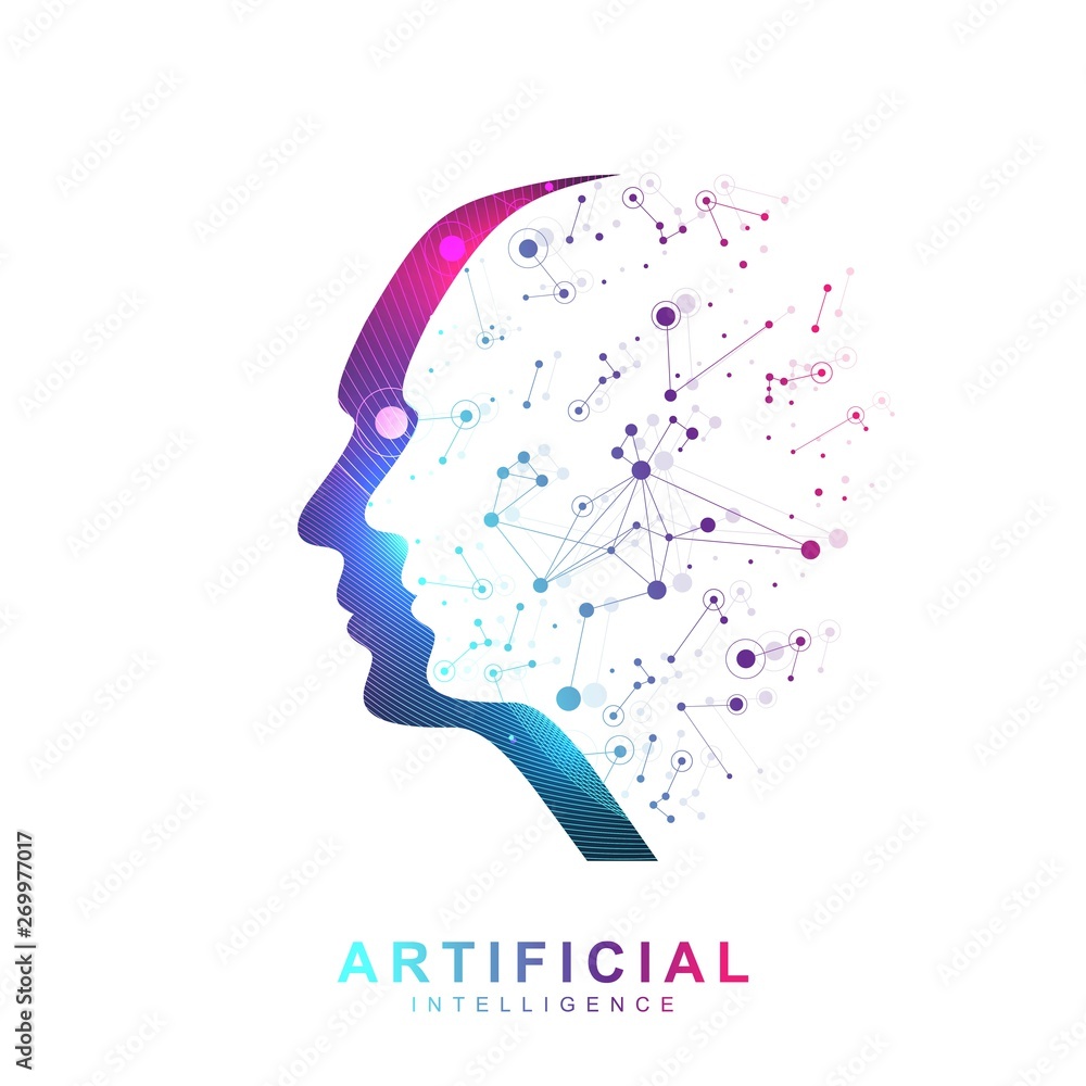 Aufkleber Futuristic Artificial Intelligence and Machine Learning Concept. Human Big Data Visualization. Wave Flow Communication, Scientific vector illustration