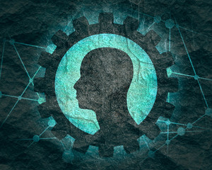 Silhouette of a mans head in gear icon. Mental health relative brochure, report design template. Scientific and technology.