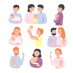 Fototapeta premium Parents with babies. Man and woman nurse toddlers. Young fathers and mothers with newborn little children. Happy family and parenting characters