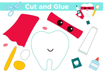 Educational paper game for children. Cut and glue cute kawaii tooth in superhero costume. For kids about dental hygiene.