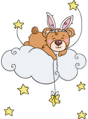 Teddy bear with rabbit ears and stars on cloud