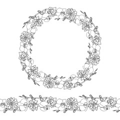 Hand drawn doodle style succulent and orchid flowers .wreath and seamless brush