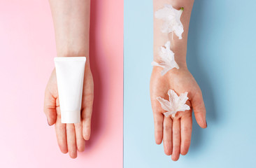 Tube with cream in female hand and white flowers on a blue and pink background, top view, concept of natural cosmetics
