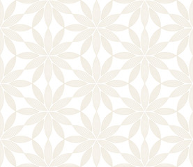 Fototapeta premium Modern simple geometric vector seamless pattern with gold flowers, line texture on white background. Light abstract floral wallpaper, bright tile ornament