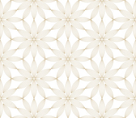Nowożytny prosty geometryczny wektorowy bezszwowy wzór z złocistymi kwiatami, kreskowa tekstura na białym tle. Jasne streszczenie tapetą z motywem kwiatowym, jasny ornament kafelkowy - 269978474