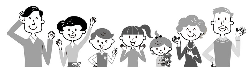 三世代家族　上半身　モノクロ