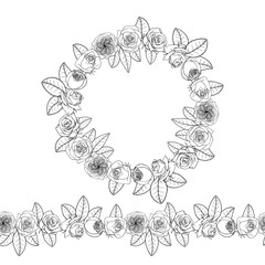 Hand drawn doodle style rose flowers wreath. floral design element.