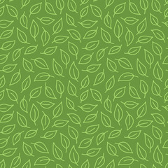 Leaf background. Green seamless pattern with leaves in minimal line doodle style. Decorative repeat package backdrop