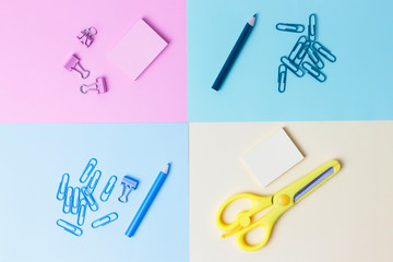 Stationery on blue and yellow background. Back to school concept.