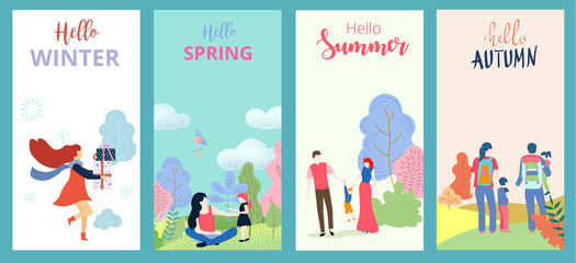 Hello summer, spring, autumn, winter. Set of posters or cards with people and outdoor seasonal entertainment.