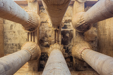 The ceiling and the columns in the hypostyle hall of the Temple of Horus in Edfu