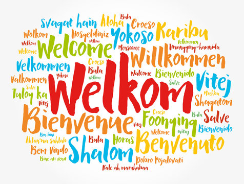 Welkom (Welcome in Afrikaans) word cloud in different languages, conceptual background