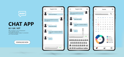 Mobile chat app UI,UX, Kit concept. Mockup vector messenger in minimalist style. Social network, support chat, messenger concept. Mobile application chat, Short message service bubbles, flat interface