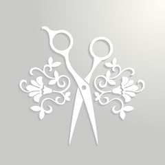 Beauty salon logo. Vector scissors with shadow. Fashion studio logotype. Hairdresser icon.
