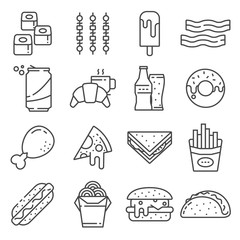 Fototapeta premium Set of Fast Food Vector Line Icons. Contains such Icons as Pizza, Tacos