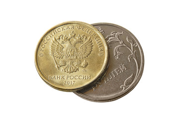 Russian coins on white background close up
