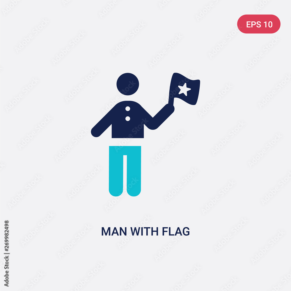 Poster two color man with flag vector icon from behavior concept. isolated blue man with flag vector sign s