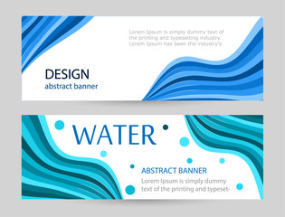 Set Bright banners with blue wave line on white background. Abstract vector horizontal layout color line. 