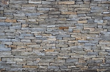 Stone wall made of rock bricks with different sizes. Colors are  shades of gray and brown. Background and texture
