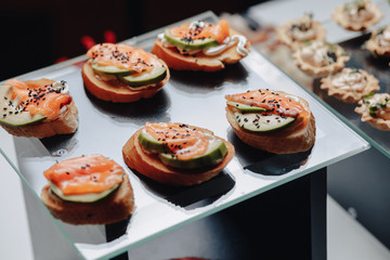 delicious festive buffet with canape and different delicious meals