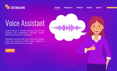 Voice assistant. Landing page design. Happy Girl with a cloud of sound waves.