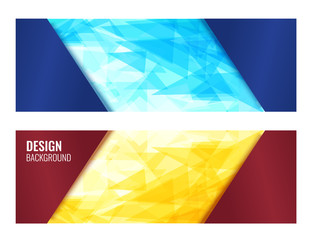 Red and blue horizontal banner with bright background of chaotically moving triangles.