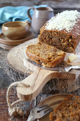 Sweet carrot cake from buckwheat flour and cup of coffee