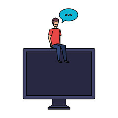 young man seated in computer with speech bubble