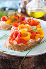 Vegetable appetizer. Slice of bread, cream cheese and grilled bell pepper with olive oil