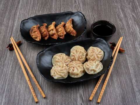 Korean gyoza and steamed dumplings with soy sauce