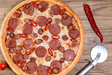 pizza with salami top view