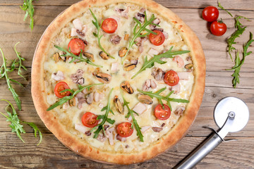 seafood pizza top view