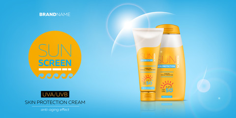 Sunscreen cream advertising banner with realistic 3d tube and bottle with gel or cream for skin protection and UVA/UVB rays blocking. Ready for branding and packaging design. High quality vector
