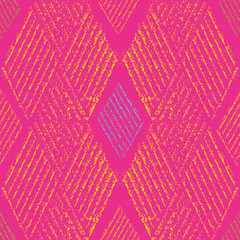 Stunning block print style gold, blue and green rhomboid geometric design. Seamless vector pattern on hot pink background. Perfect for summer, wellness, cosmetic products, fabric, stationery