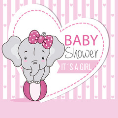 Cute elephant on top of a ball. Baby girl shower card.
