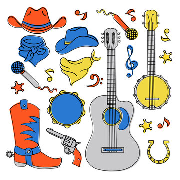 COUNTRY MUSIC BAND American Cowboy Western Festival Vector Illustration Set for Print Fabric and Decoration